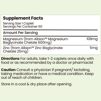 Pure Magnesium Bisglycinate 600mg + Zinc 60s